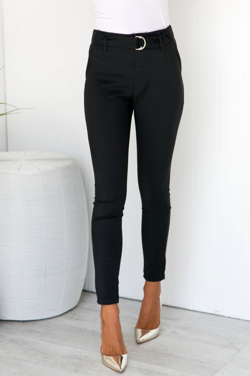 Mrs Smith Black Pants featuring removable belt, high waist fit, faux pockets, firm stretch, ideal for casual wear.