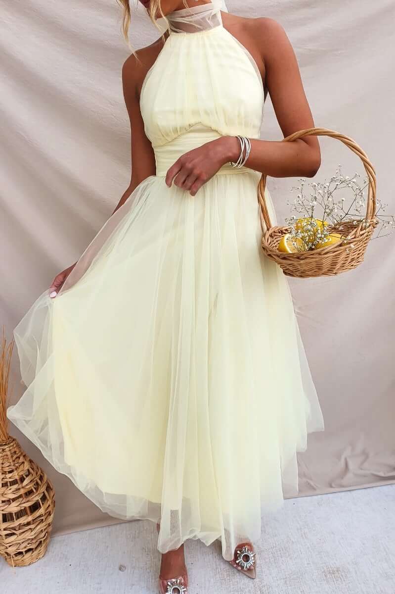 Model wearing the Love Lane Maxi Dress in soft yellow tulle, styled with a basket of flowers and elegant shoes.