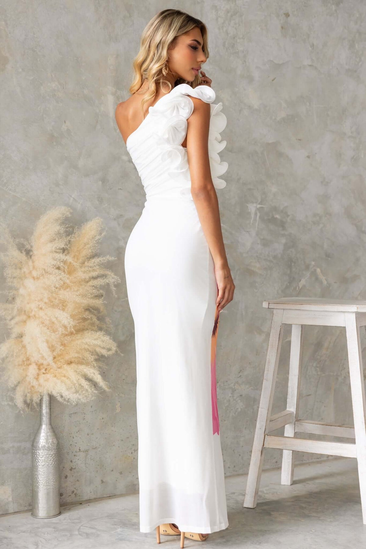Elegant Meriden Maxi Dress featuring a one-shoulder neckline and a stylish cut-out waist, perfect for special occasions.