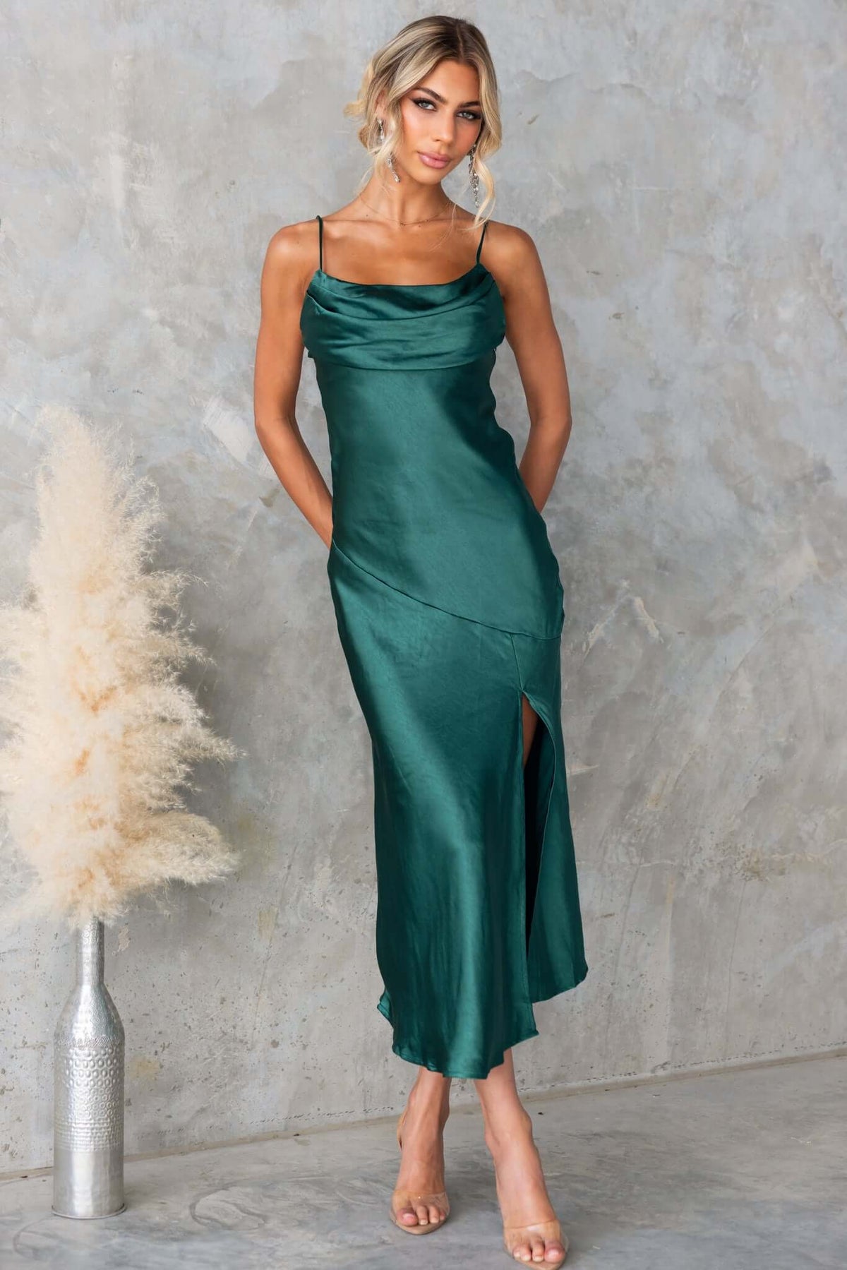 Brighton Midi Dress in green satin with adjustable straps and front split, perfect for bridal or formal occasions.