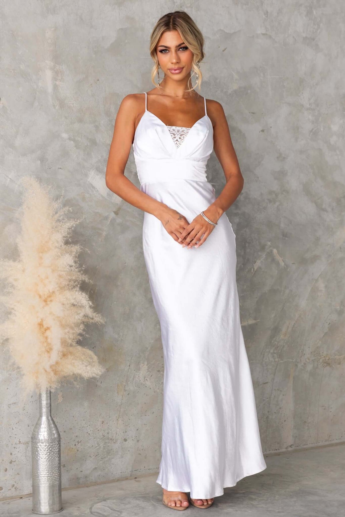 Maricia Maxi Dress featuring adjustable straps and lace panel, perfect for bridal or formal occasions.