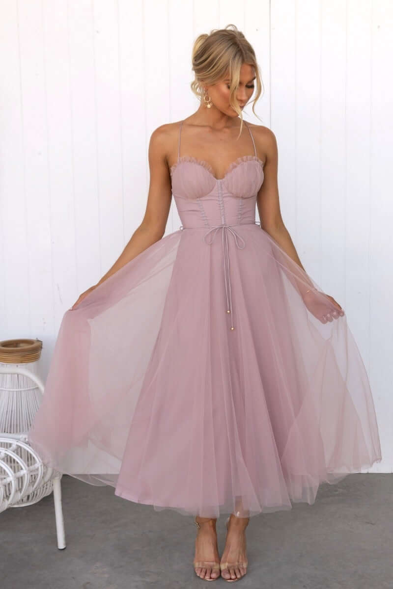 Florence Midi Dress in soft blush pink with adjustable straps and tulle overlay, perfect for bridal or special occasions.