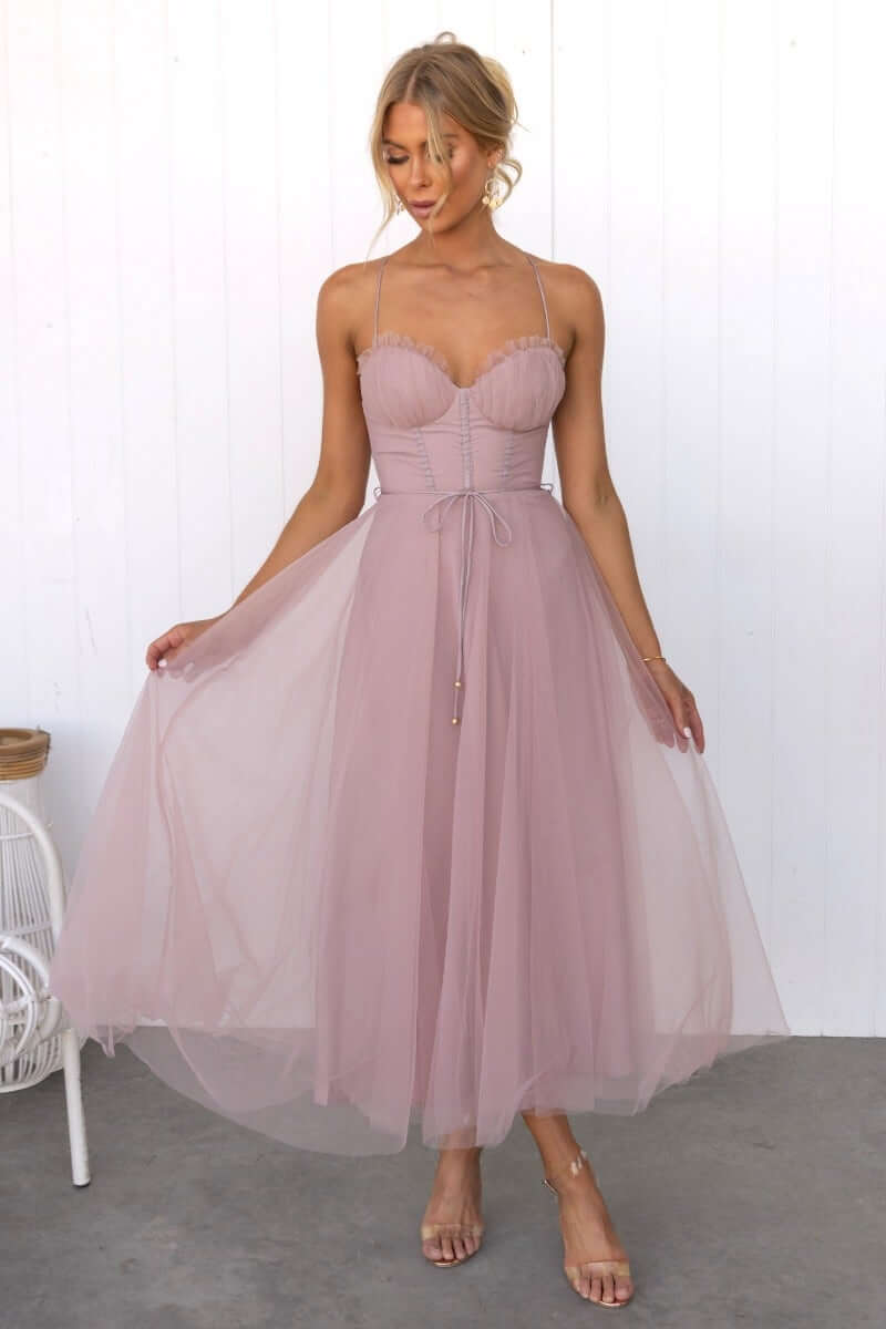 Florence Midi Dress in soft pink tulle with adjustable straps and removable tie for a chic bridal look.