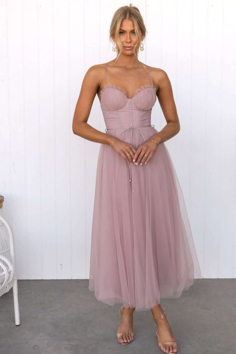 Florence Midi Dress in soft pink tulle with adjustable straps and padded bust, perfect for wedding or formal events.