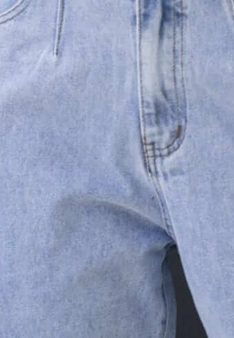 Close-up of Shaylan Mom Jeans showcasing mid-high waist, front pocket, and soft denim texture in light wash.