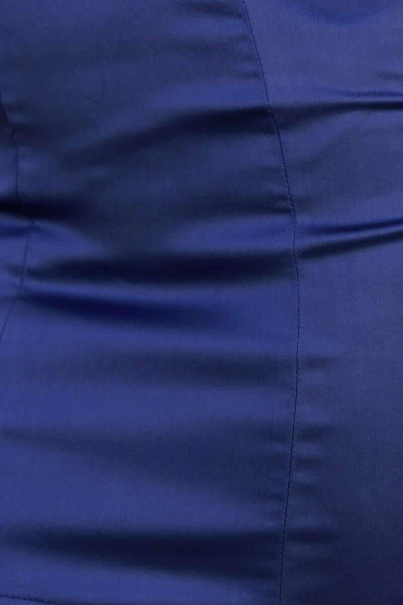 Close-up of the Suki Dress in satin, showcasing the smooth fabric texture in navy blue.