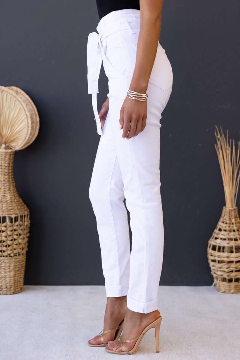 High waist New Hope Paper Bag Jeans with removable belt, front and back pockets, firm stretch fit.