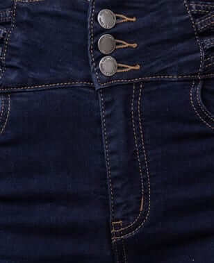 Dark navy denim jeans featuring mid-high waist, lattice detail at hips, and buttons at the wide waistband.