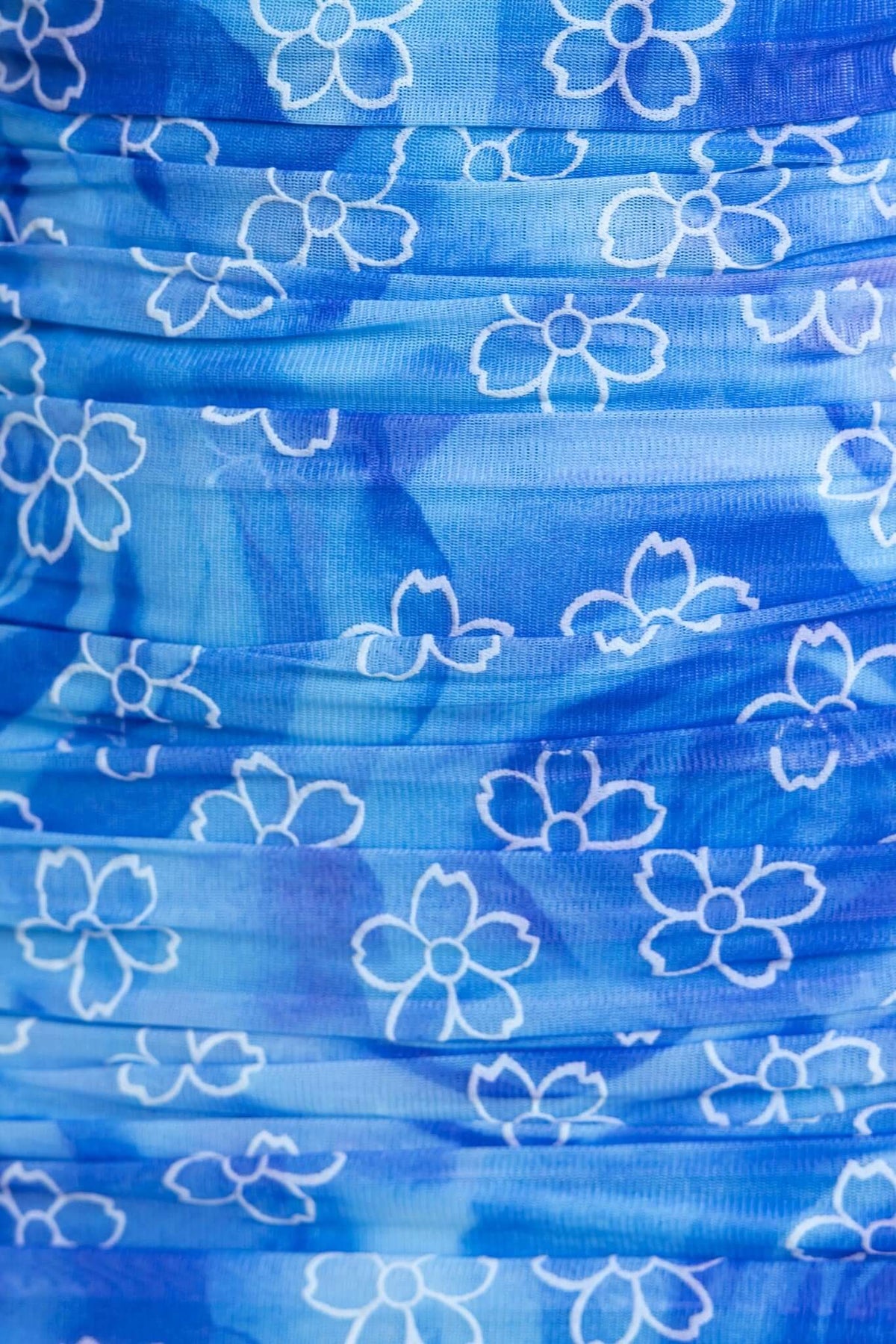 Close-up of blue fabric with embroidered white floral patterns, showcasing the texture and design of the Blomma Midi Dress.