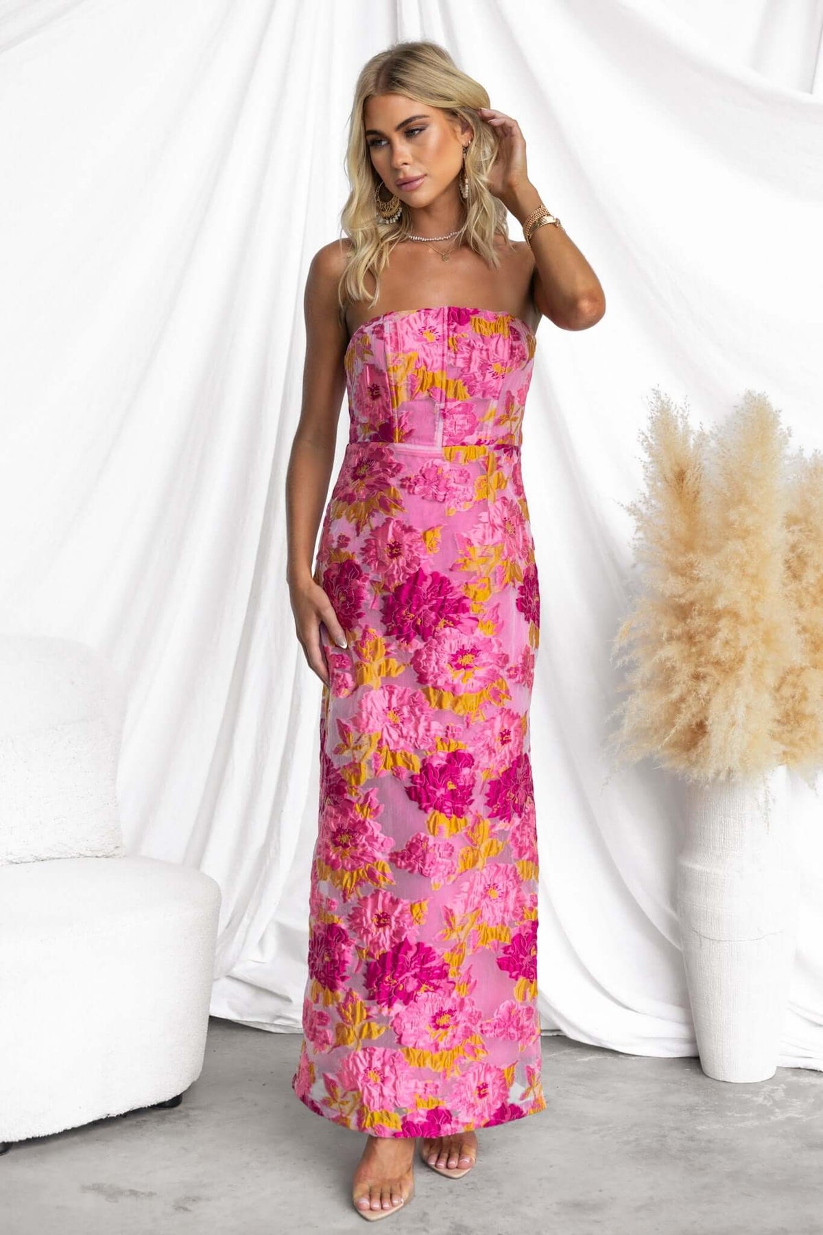 Kamryn Maxi Dress: Floral strapless maxi dress with embroidered mesh, side split, and anti-slip bust design.