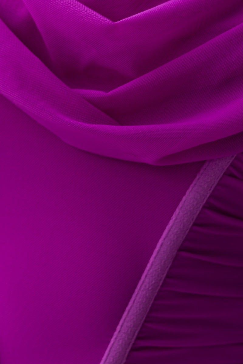 Close-up of Taria Top with off-shoulder neckline in vibrant purple, featuring boning and lined stretch material.