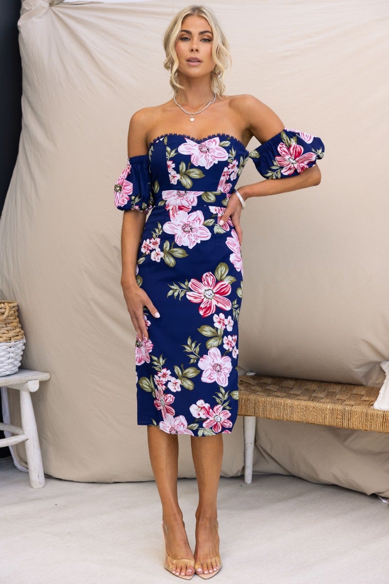 Navy floral print off-shoulder midi dress with elastic sleeves and side split by Amaroso, size 6/XS, lined for comfort.