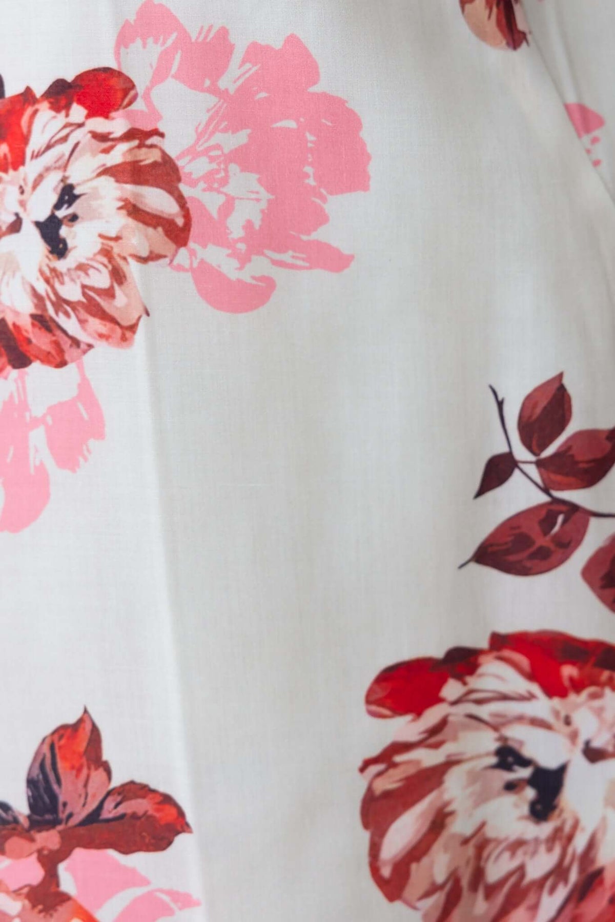 Close-up of floral pattern on Burkes Midi Dress, featuring pink and red flowers on a light background.