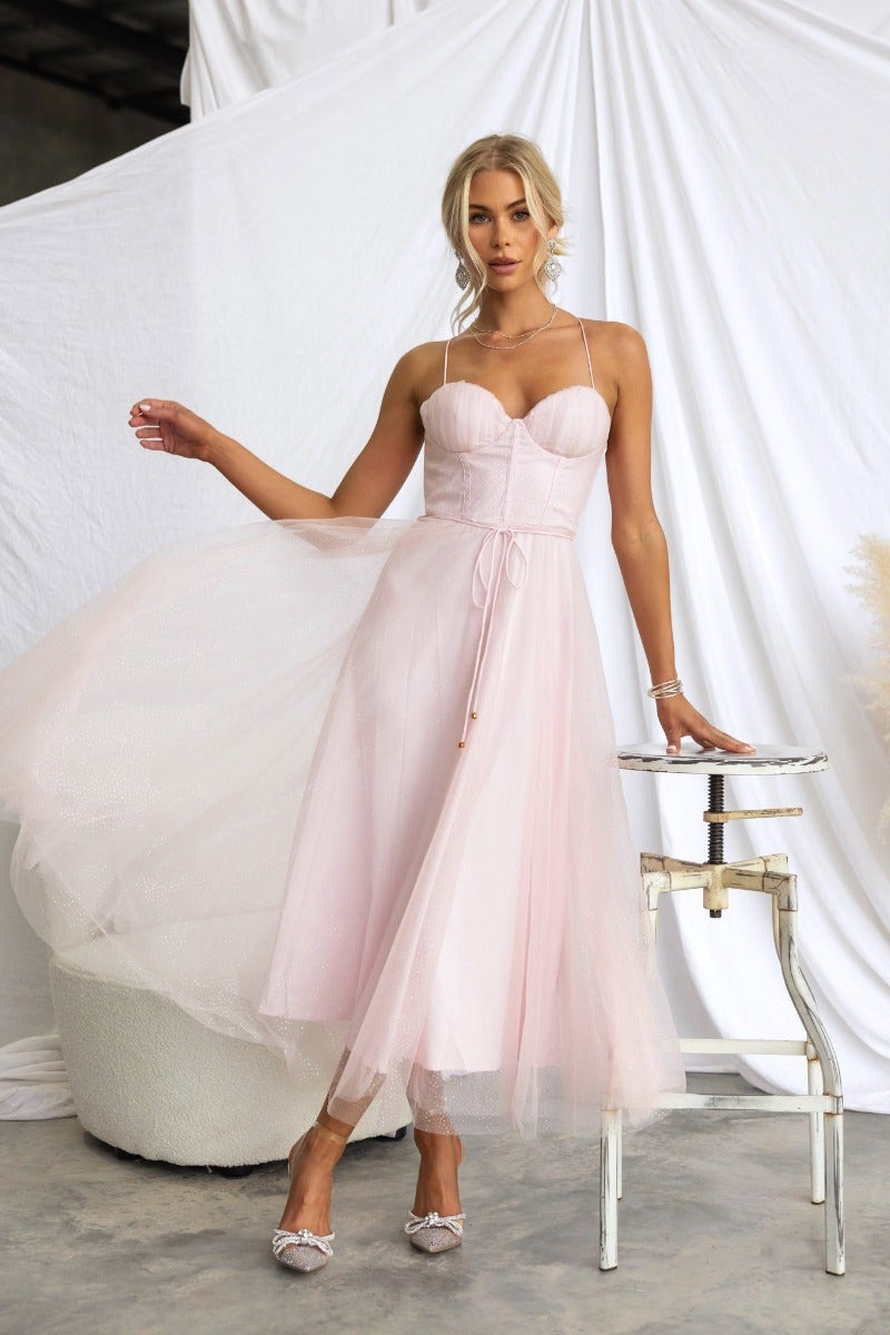 Florence Midi Dress in pink tulle with adjustable straps, removable belt, and padded bust, perfect for formal occasions.