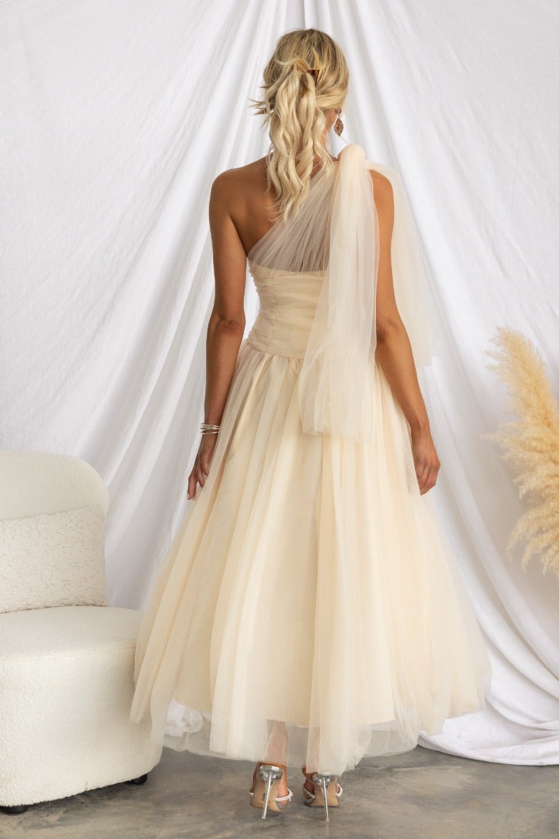 Elegant Belle Maxi Dress featuring a one-shoulder neckline and tulle overlay, showcased from the back.