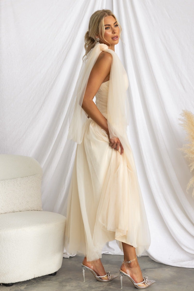Elegant Belle Maxi Dress in tulle with one-shoulder neckline, featuring a flowing skirt and stylish tie at shoulder.