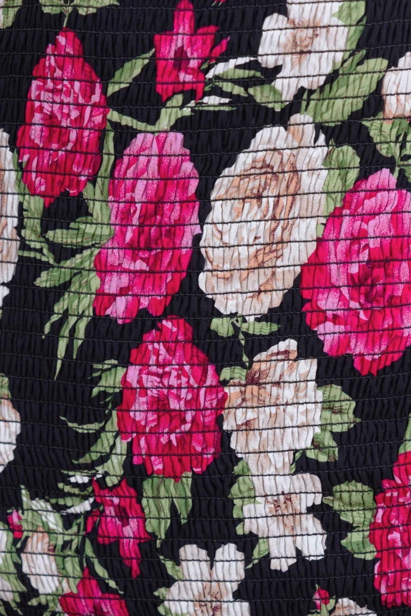 Close-up of black fabric with colorful floral pattern featuring pink and beige roses, showcasing texture for Botanic Midi Dress.
