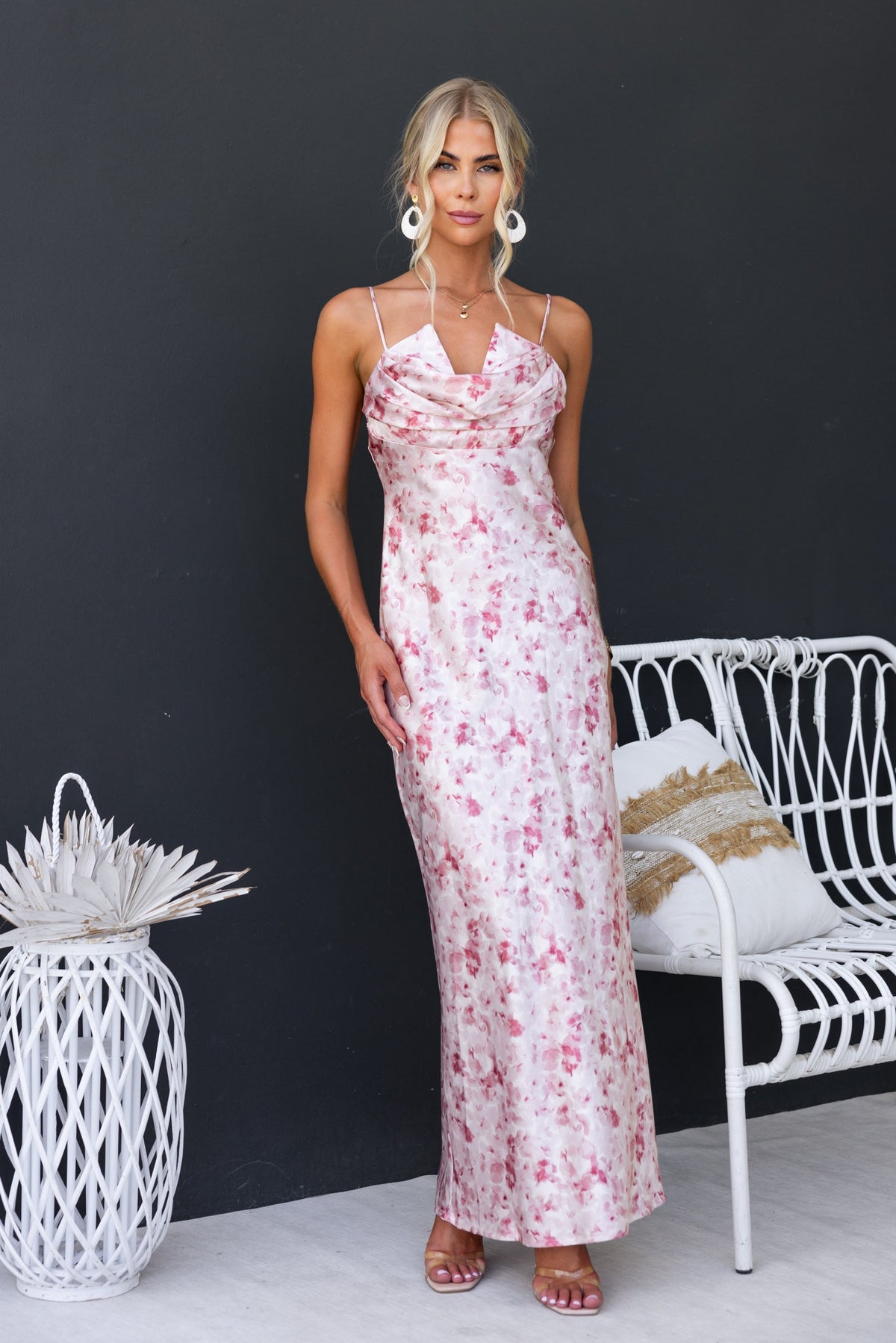 Elegant floral print Villa Maxi Dress with adjustable straps and satin finish, perfect for special occasions.