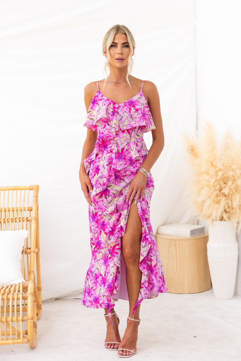 Elegant floral print Anissa maxi dress with adjustable straps and front split, perfect for summer outings.