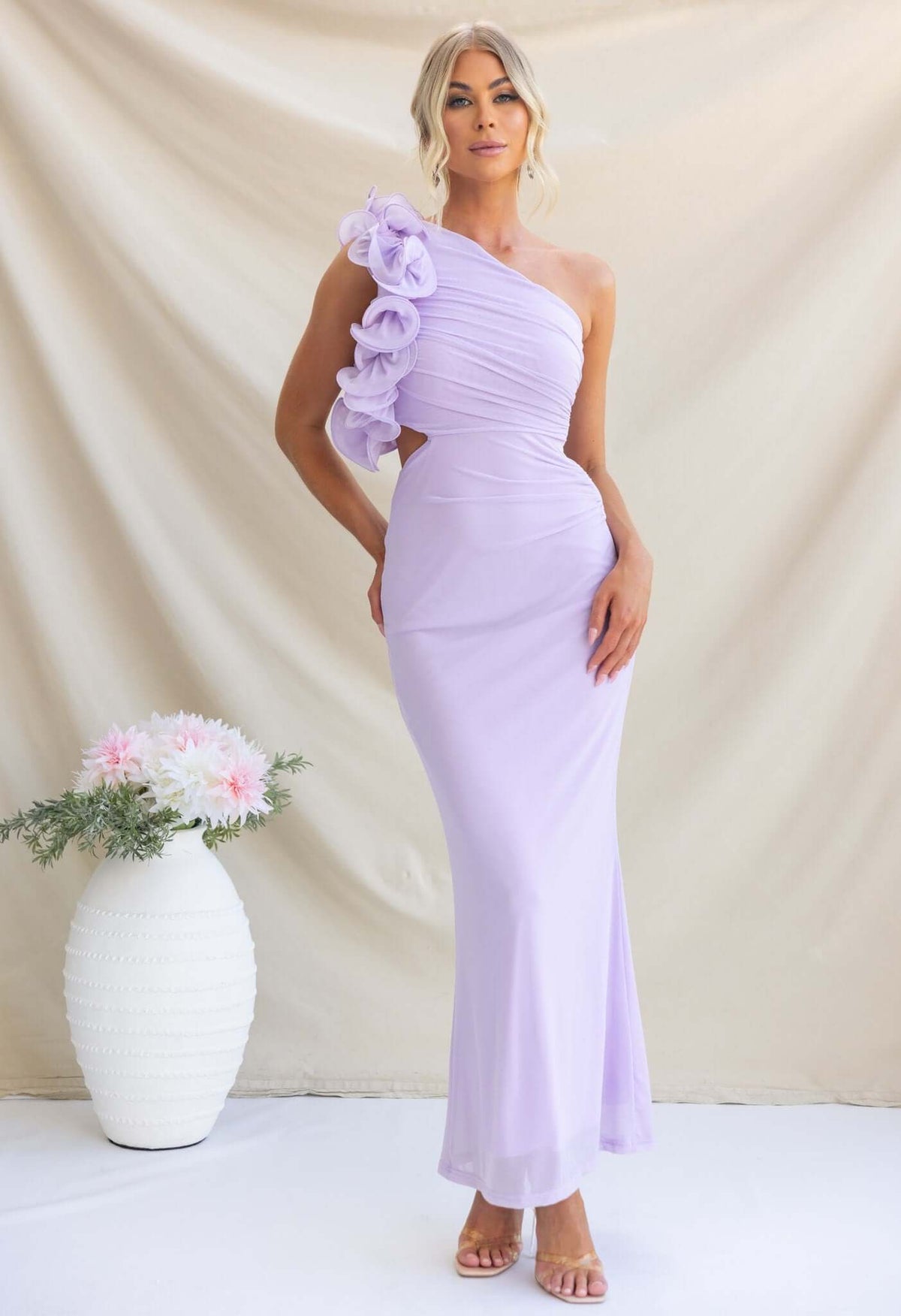 Meriden Maxi Dress in lavender with one-shoulder neckline and floral detail, perfect for elegant occasions.