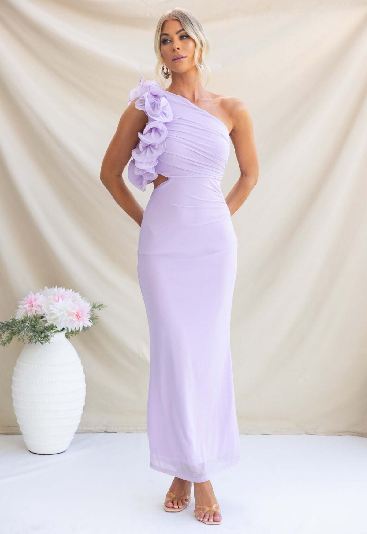 Elegant lilac Meriden Maxi Dress with one-shoulder neckline and ruffle detail, perfect for formal events.