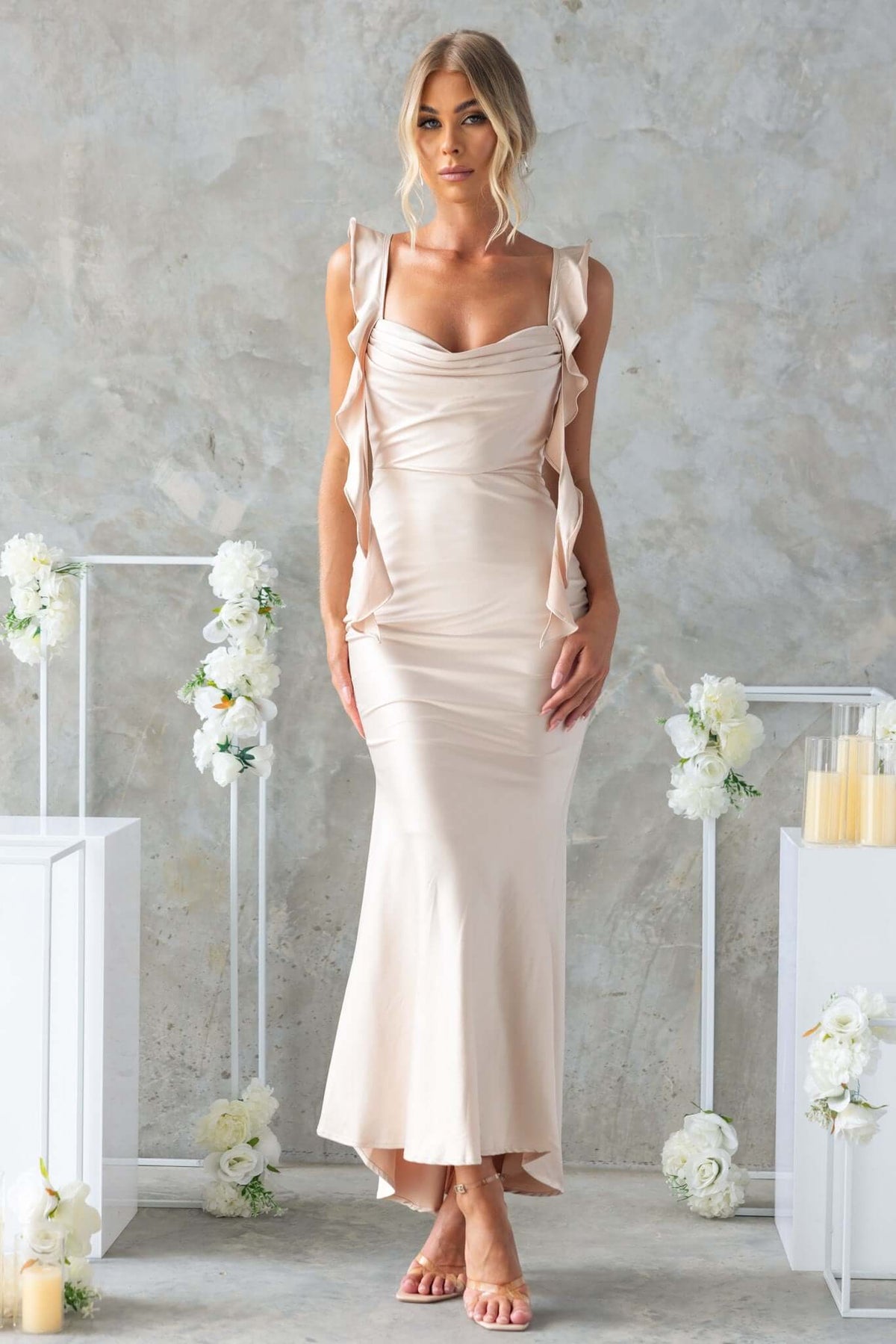 Beautiful Ingrid Maxi Dress with adjustable straps and elegant draping, perfect for bridal or formal occasions.