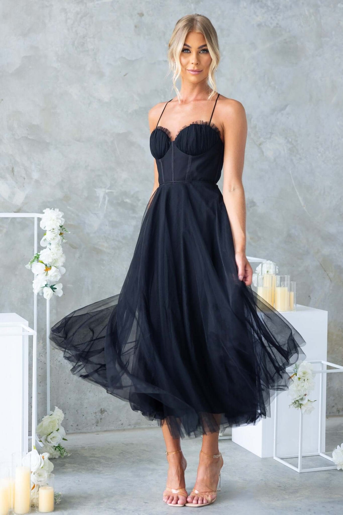 Florence Midi Dress in black with adjustable straps, tulle material, and padded bust, perfect for bridal occasions.