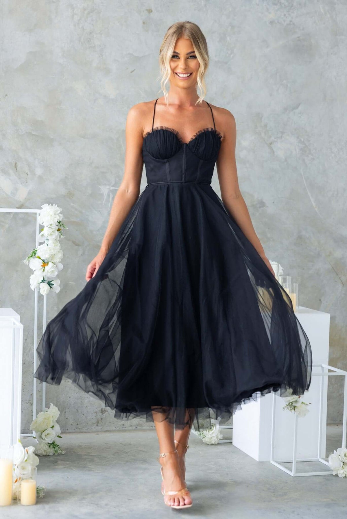 Florence Midi Dress in black with adjustable straps, removable tie, tulle material, and padded bust.