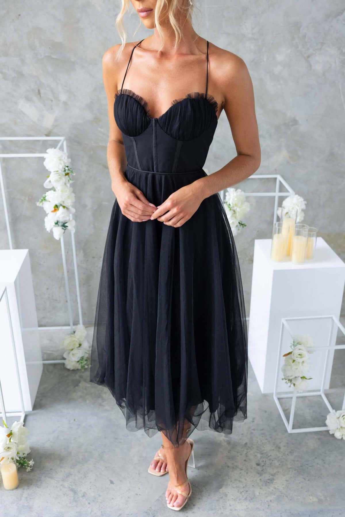 Florence Midi Dress in black with adjustable straps, padded bust, and tulle skirt, perfect for bridal occasions.