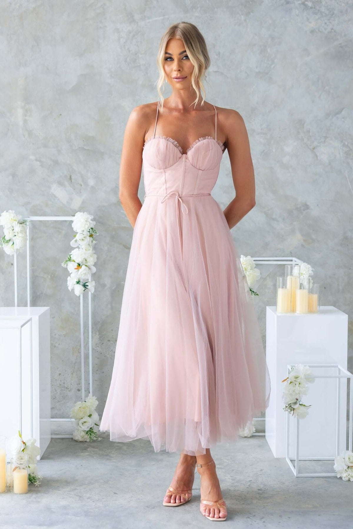 Florence Midi Dress with adjustable straps and removable tie, crafted in soft tulle, perfect for special occasions.