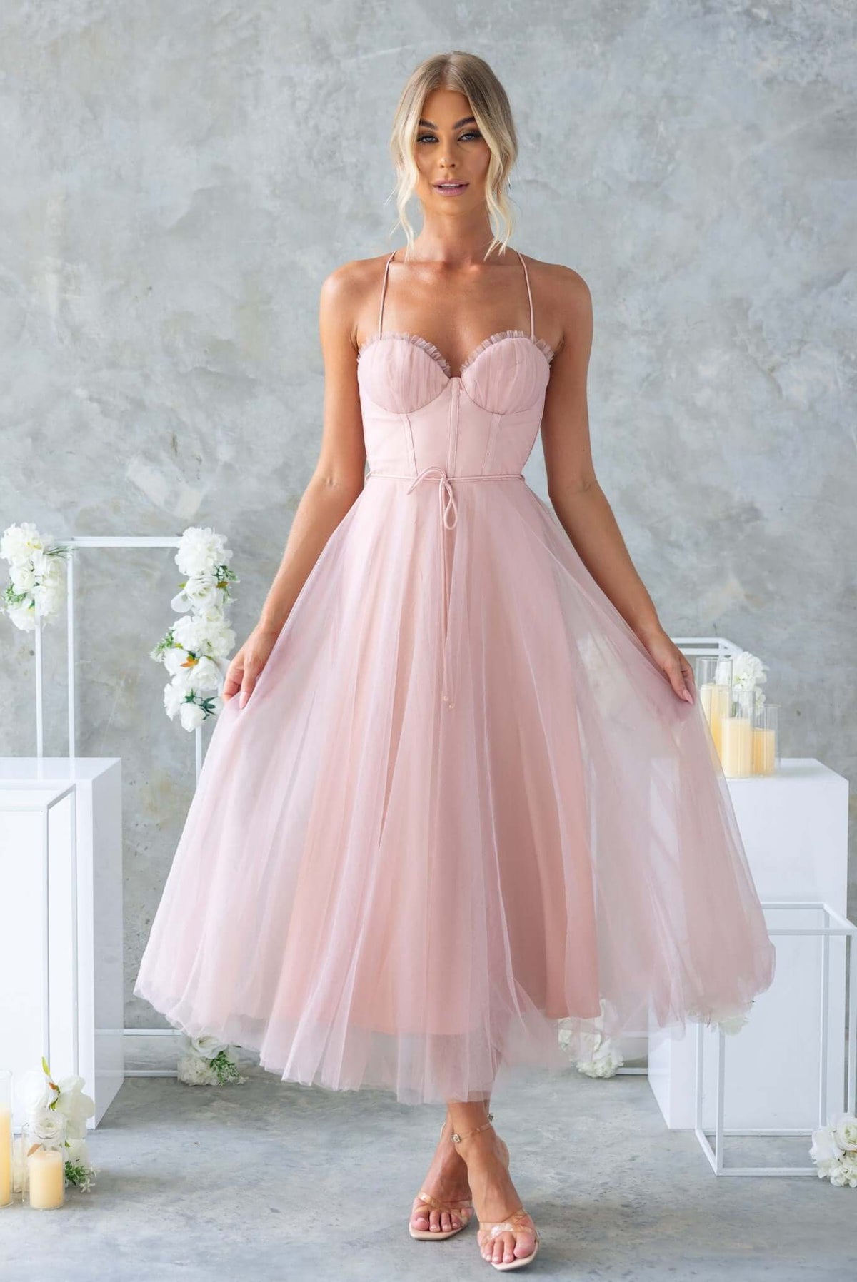 Florence Midi Dress in blush pink with adjustable straps and tulle skirt, perfect for bridal or special occasions.