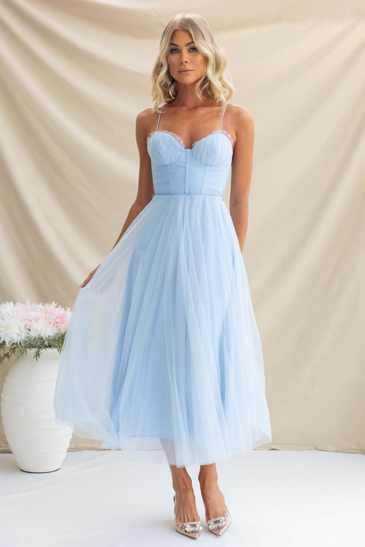 Florence Midi Dress in sky blue with adjustable straps and tulle skirt, perfect for special occasions and bridal wear.