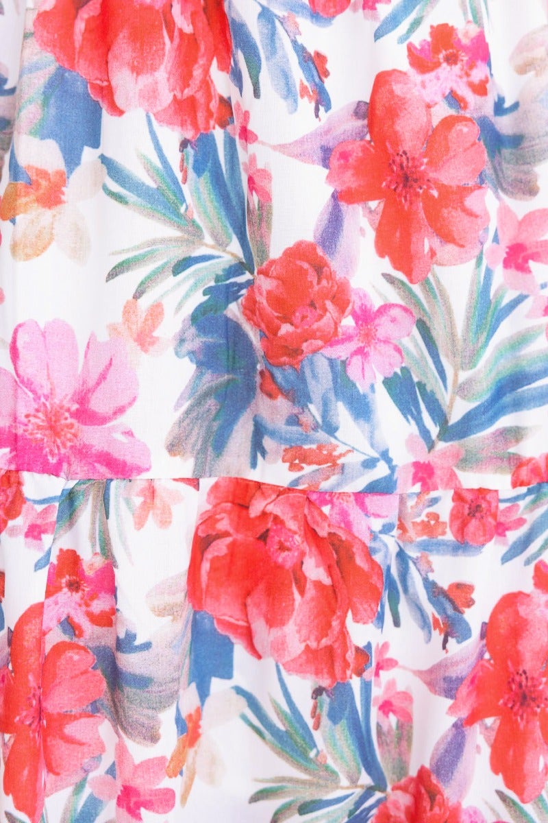 Vibrant floral print fabric featuring pink and red flowers against a white background for Ave Maxi Dress.