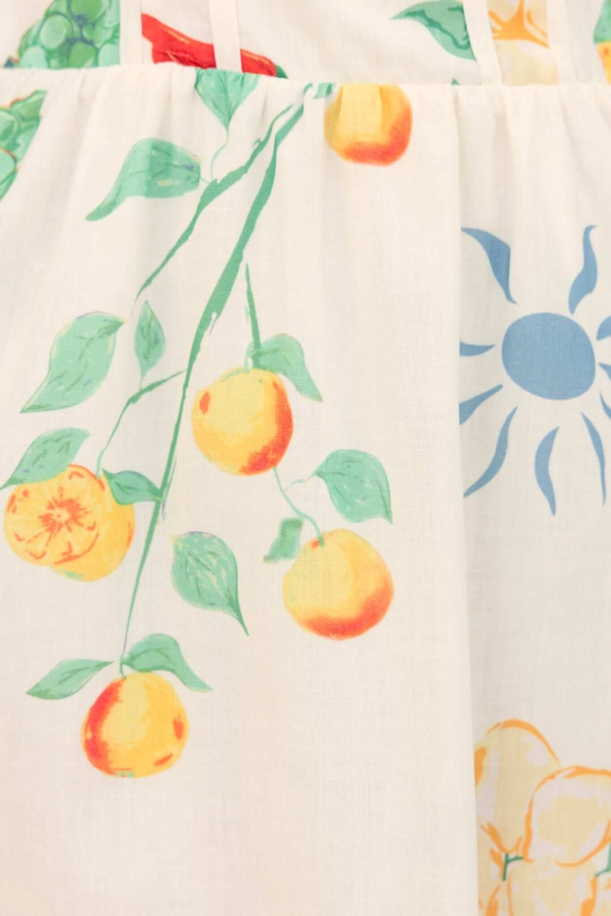 Peaco Maxi Dress detail featuring vibrant citrus fruit print on soft fabric, ideal for summer styling.
