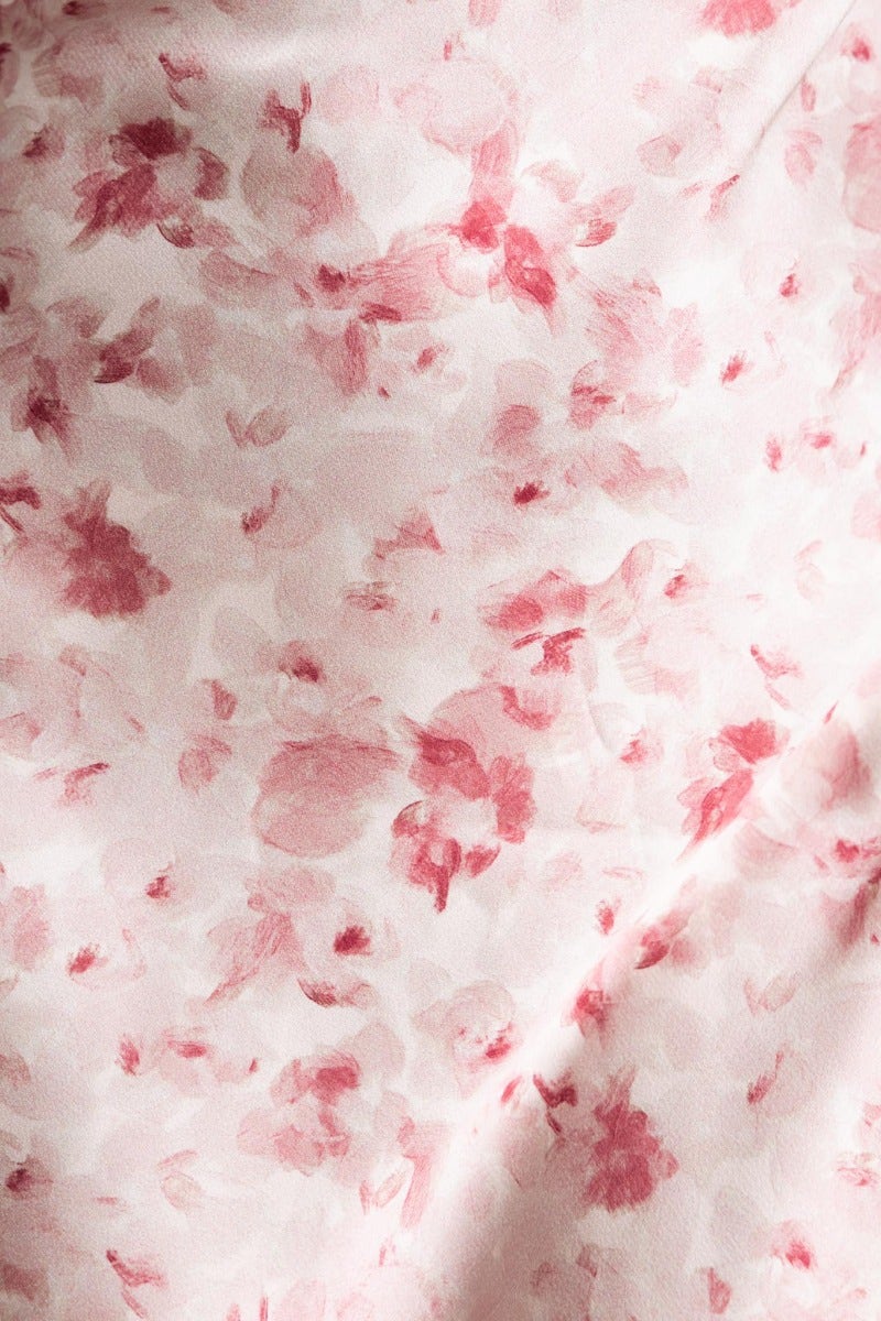 Close-up of floral print fabric in soft pink hues, perfect for a stylish maxi dress.