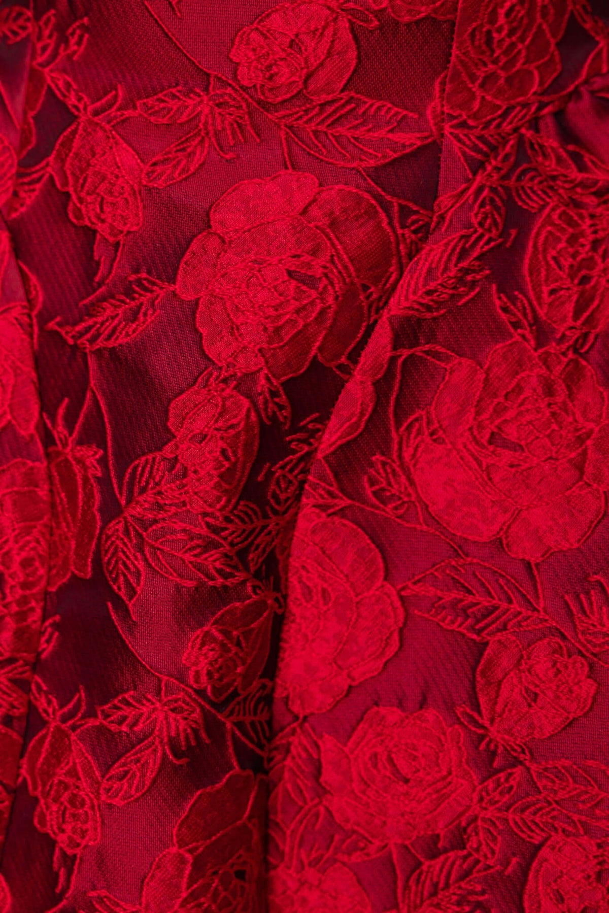 Close-up of red floral lace fabric, ideal for a Jadyne Midi Dress with textured detailing.