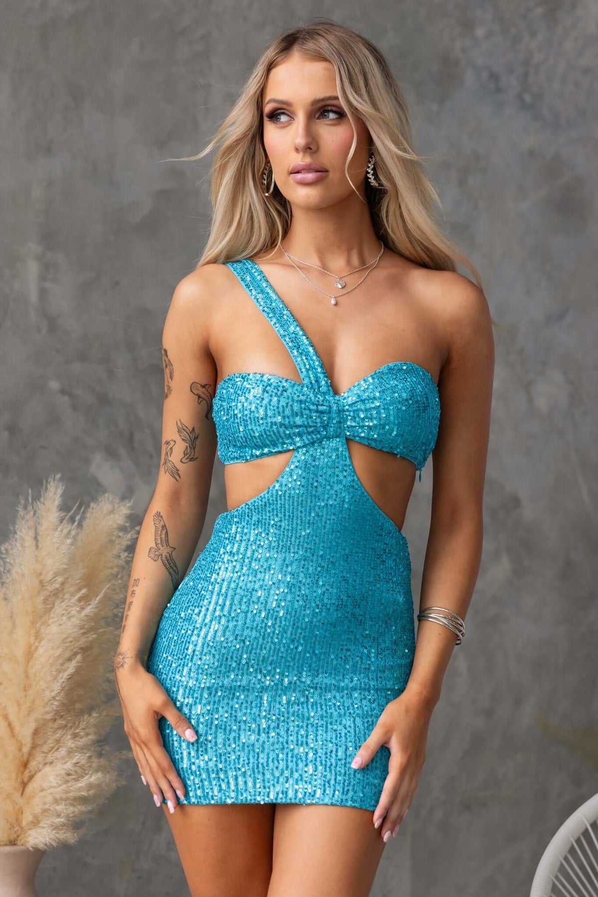 Made You Look Blue Sequin Dress with one-shoulder neckline and cut-out waist, perfect for stylish events.