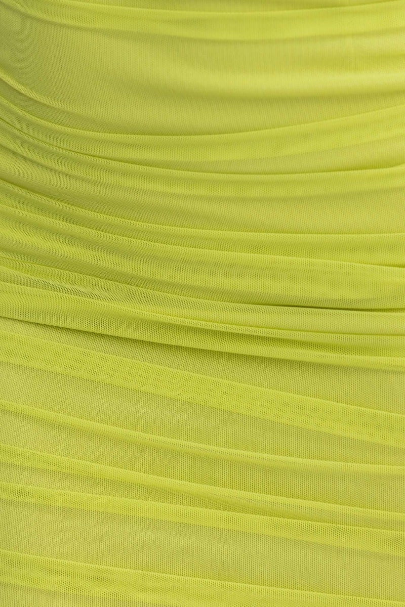 Close-up of green mesh overlay fabric with ruching, showcasing texture for Phebie Midi Dress.