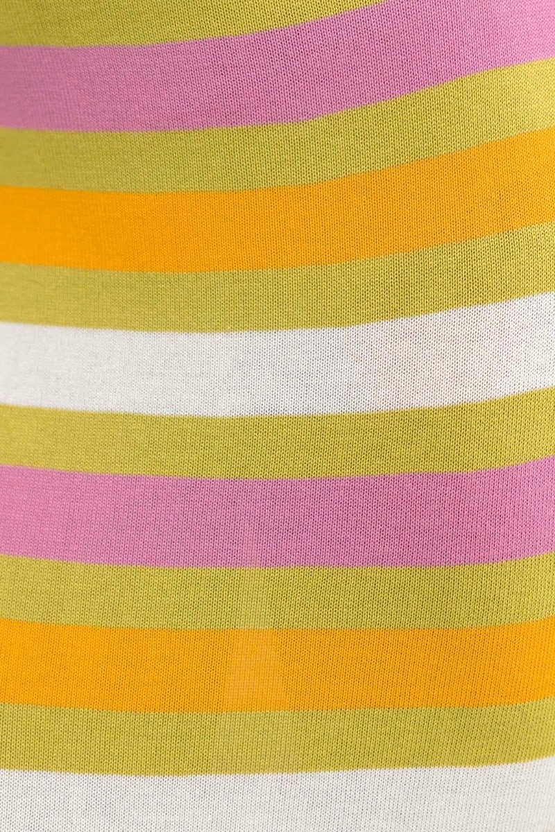 Colorful striped fabric featuring pink, green, orange, and white stripes, suitable for fashion items like dresses.