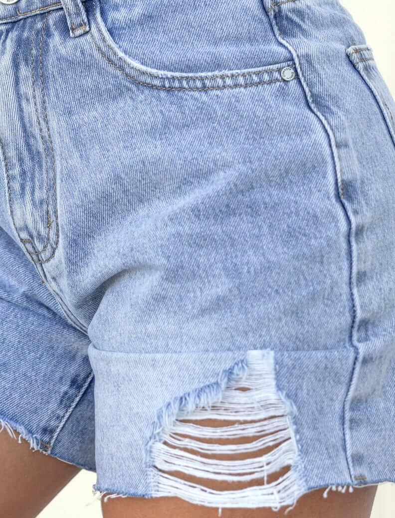 Louder Denim Shorts featuring distressed detailing and a raw hemline, perfect for casual summer style.