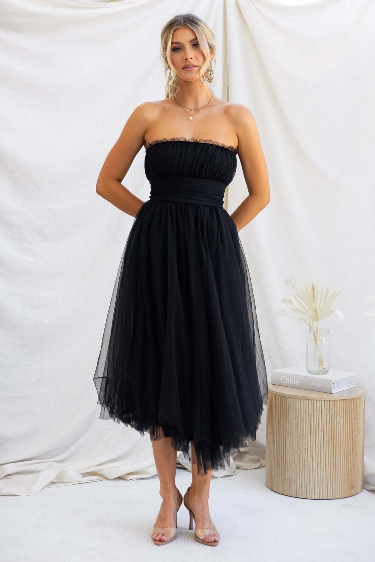 Sweetest Treat Maxi Dress in black, featuring strapless design, tulle overlay, and anti-slip bust with padded support.