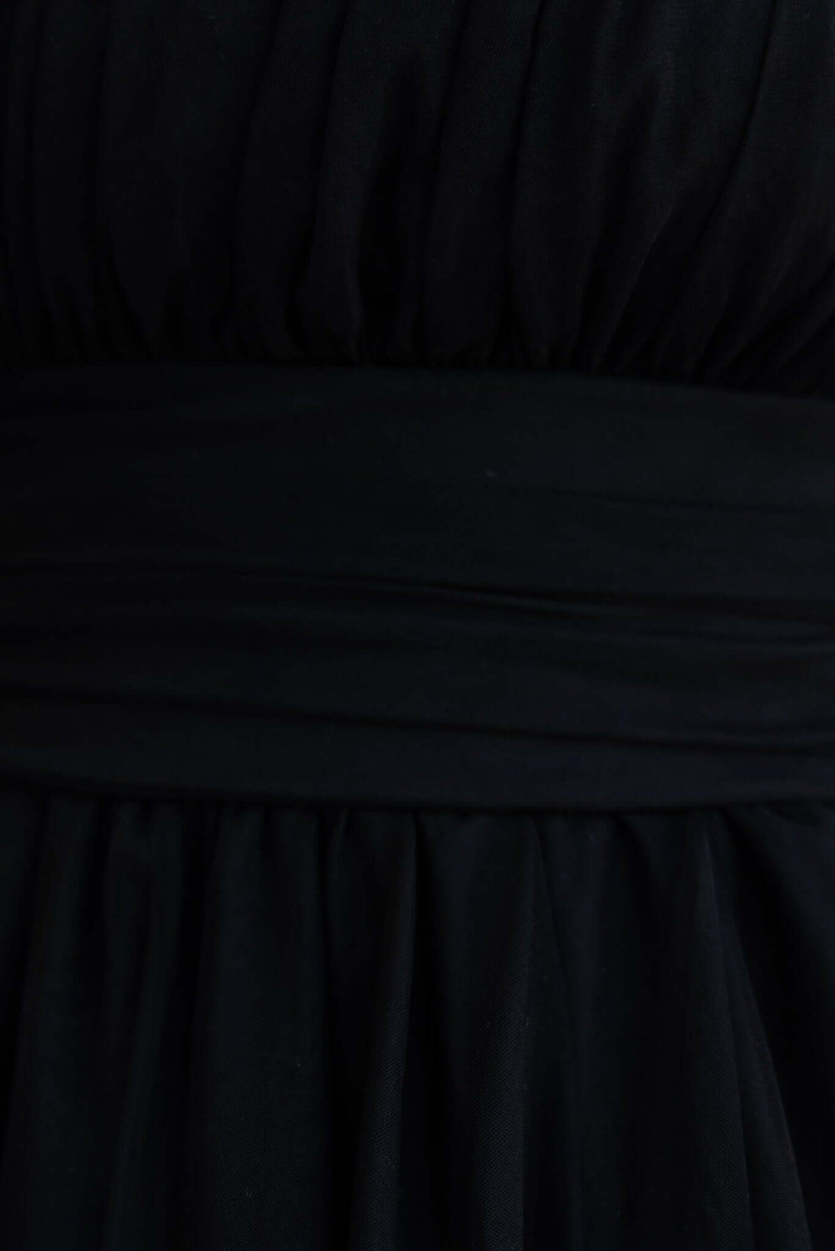 Close-up of Sweetest Treat Maxi Dress showing black tulle overlay and gathered strapless bust detail.