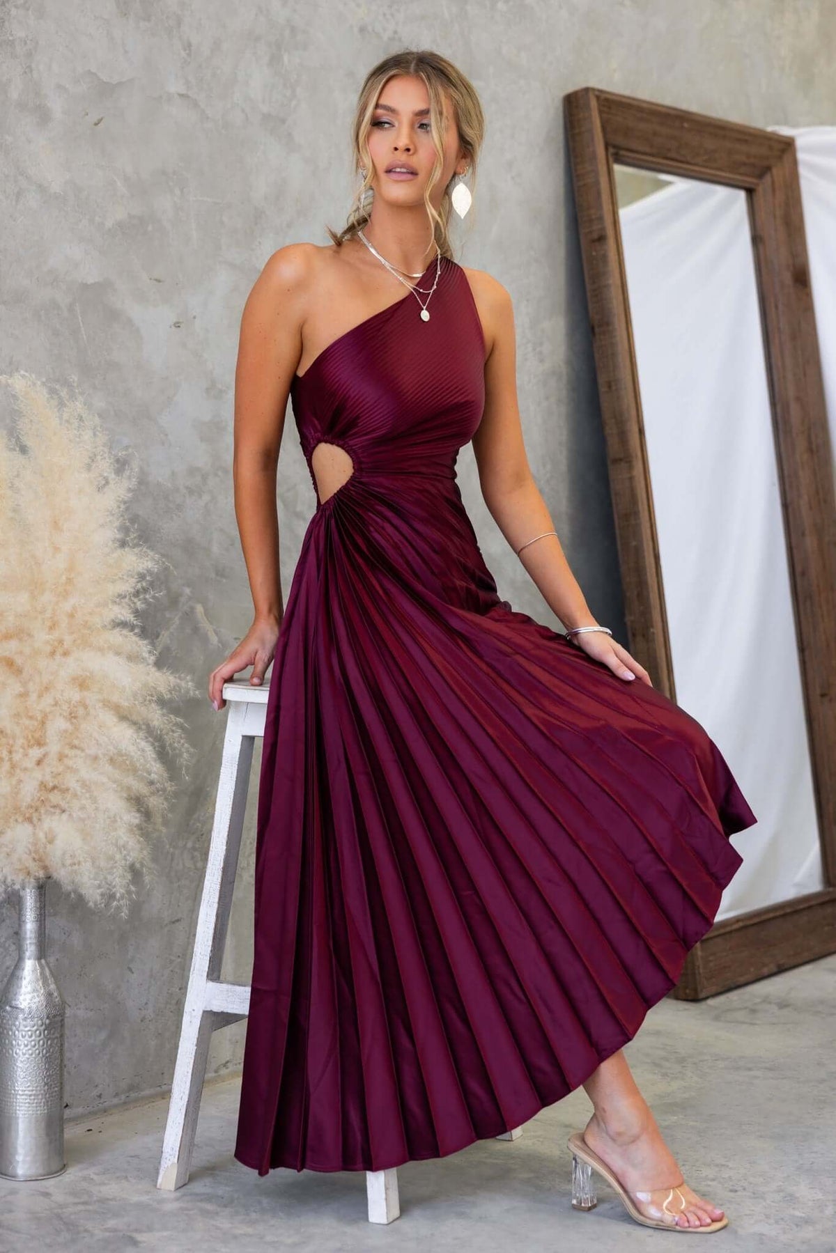 Elegant Olympia Maxi Dress featuring a one-shoulder neckline and pleated design, perfect for special occasions.