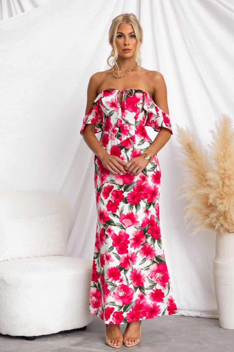 Floral off-shoulder maxi dress with tie detail and side zip, perfect for summer outings.