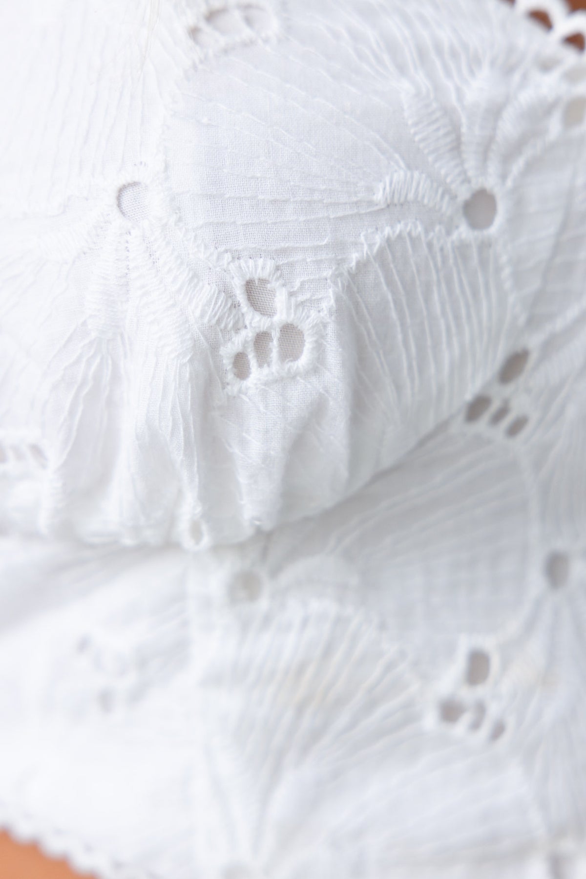 Close-up of the Anglaise fabric texture of the Ferna Top, featuring intricate white embroidery and a soft, lightweight design.