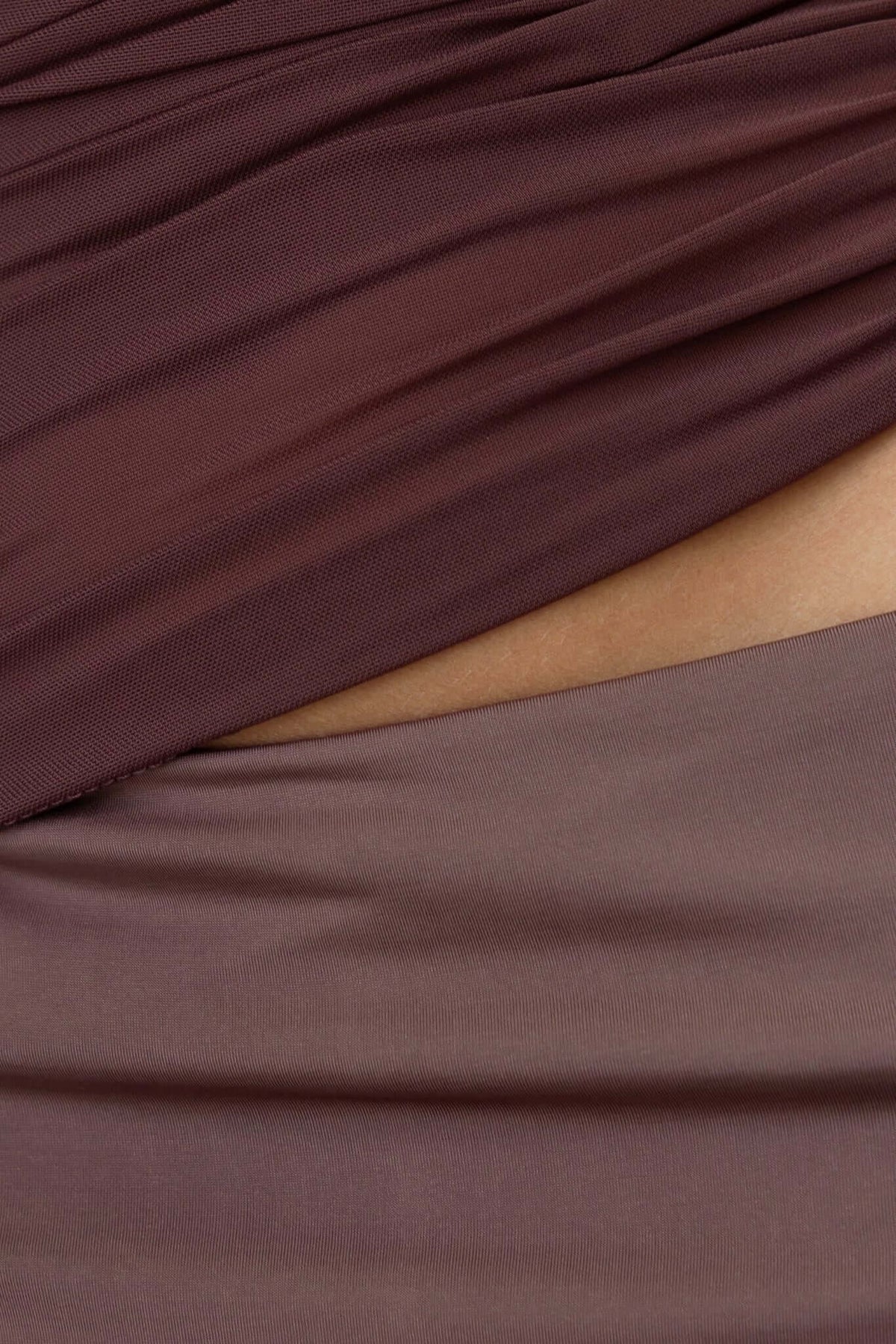Close-up of Denham Maxi Dress showing layered fabric textures and waist cut-out detail.