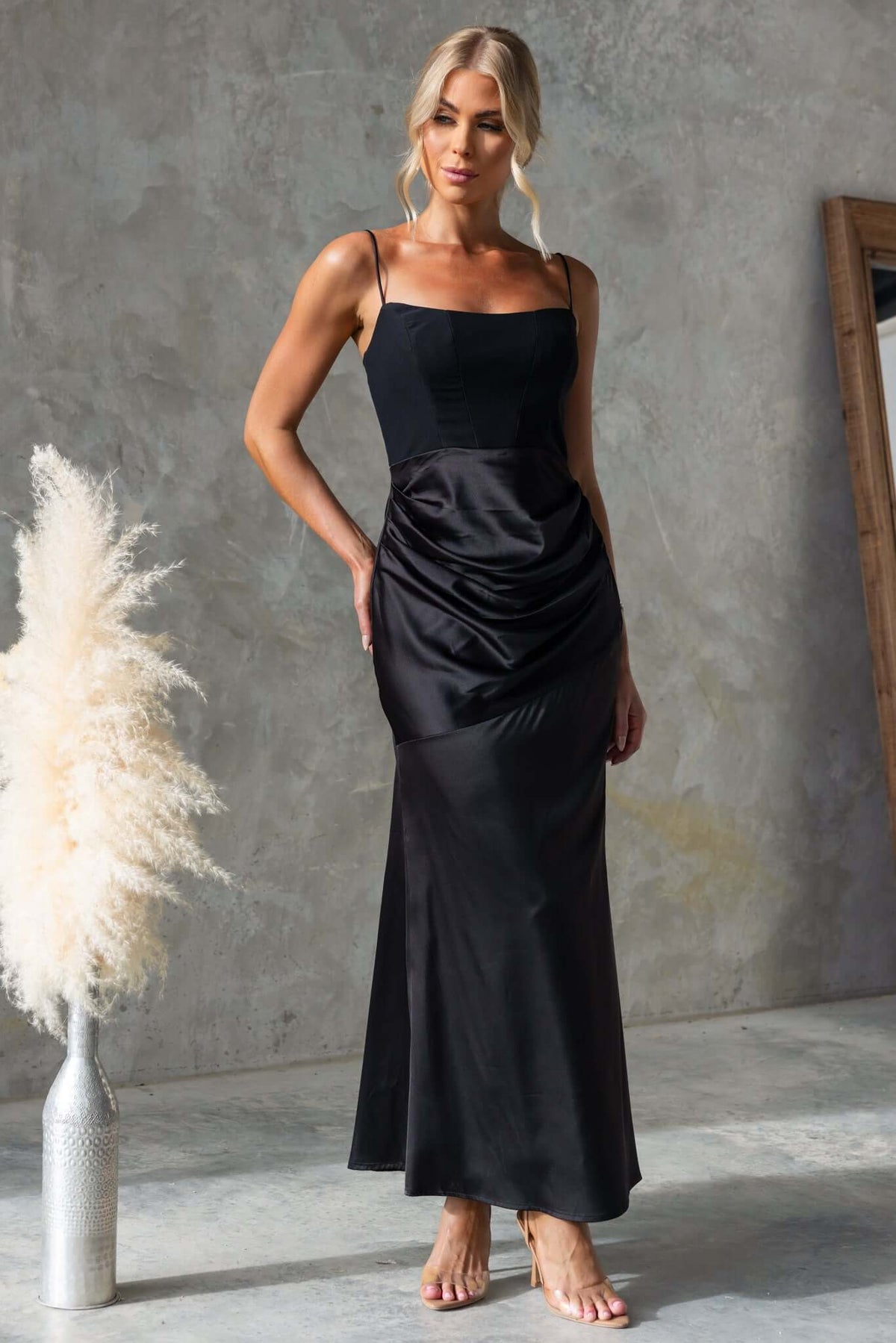 Atheni Maxi Dress by Amaroso Bridal, featuring adjustable straps and a satin skirt, perfect for elegant occasions.