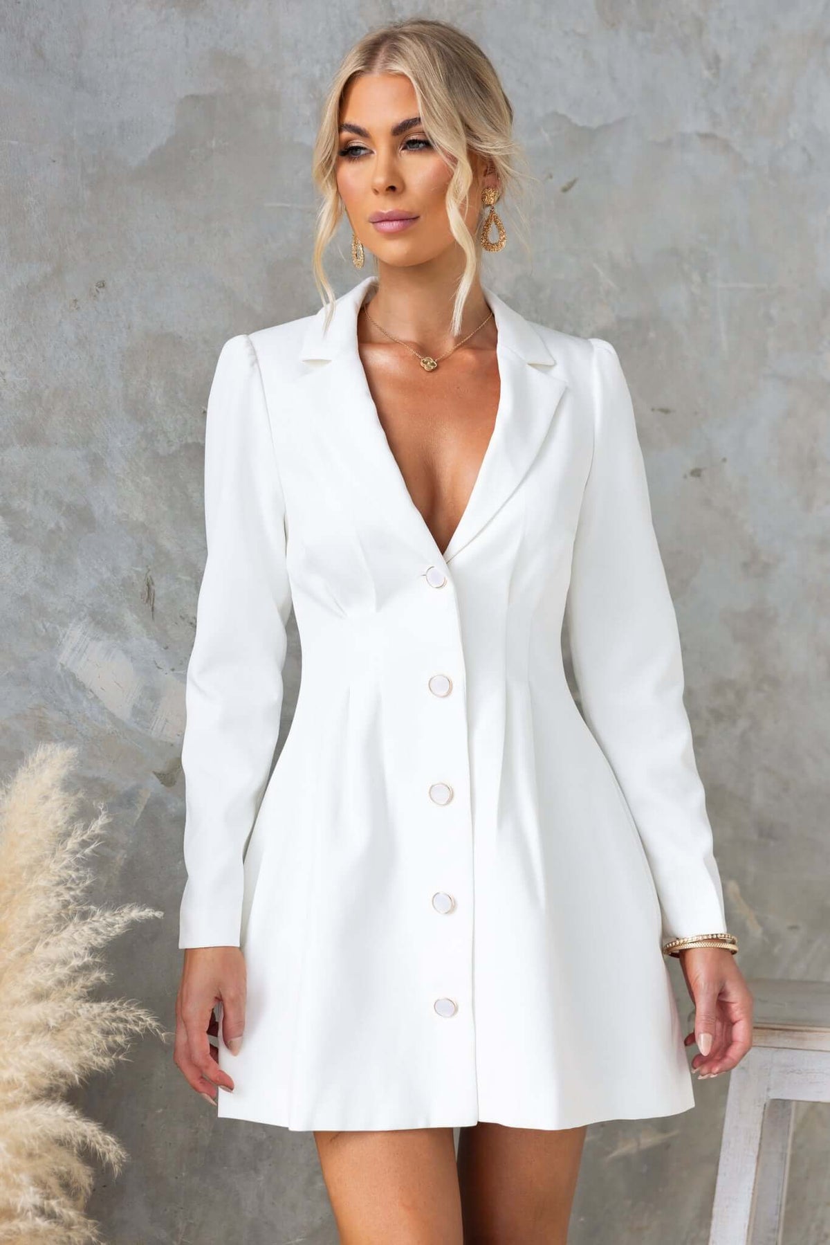 Brookings Dress with V-neckline and shoulder pads, featuring a button-up front and lining, ideal for casual and formal wear.