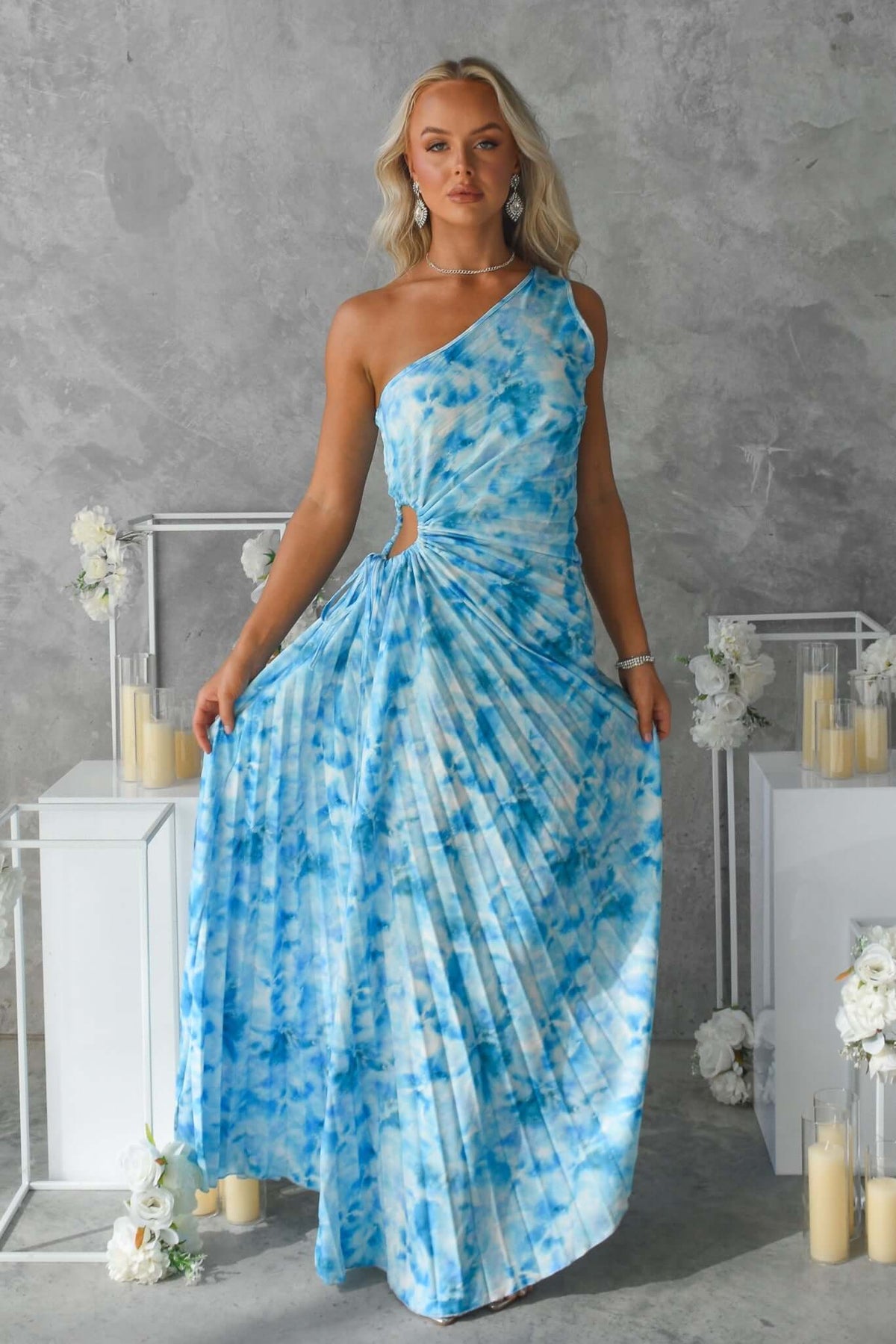 Elegant blue tie-dye Tejano maxi dress featuring a one-shoulder design and cut-out waist detail.