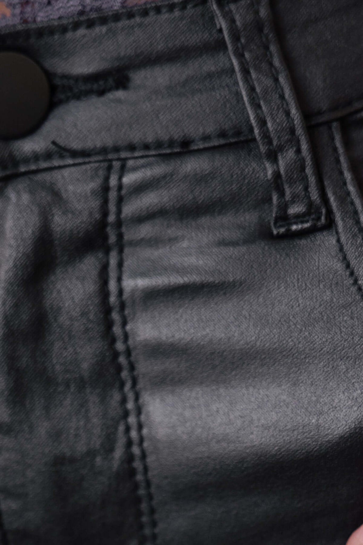 Close-up of Elida Pants showing faux leather texture, mid-high waist fit, and detailed stitching.